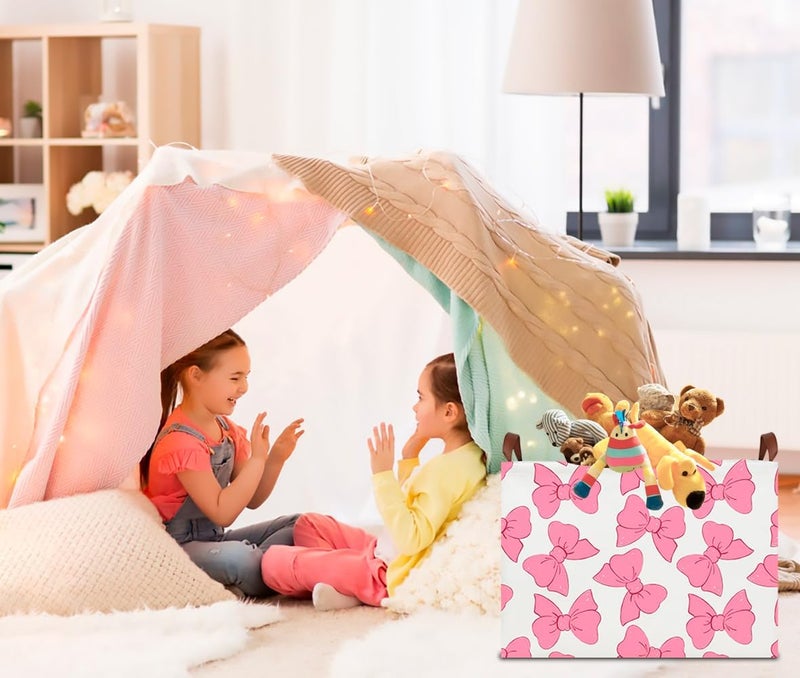 CLOCOR Rectangular Gift Basket Empty,Waterproof Storage Basket with Handles,Toys Bin,Books Box,Room Decor(Pink Bowknot) - Image 4